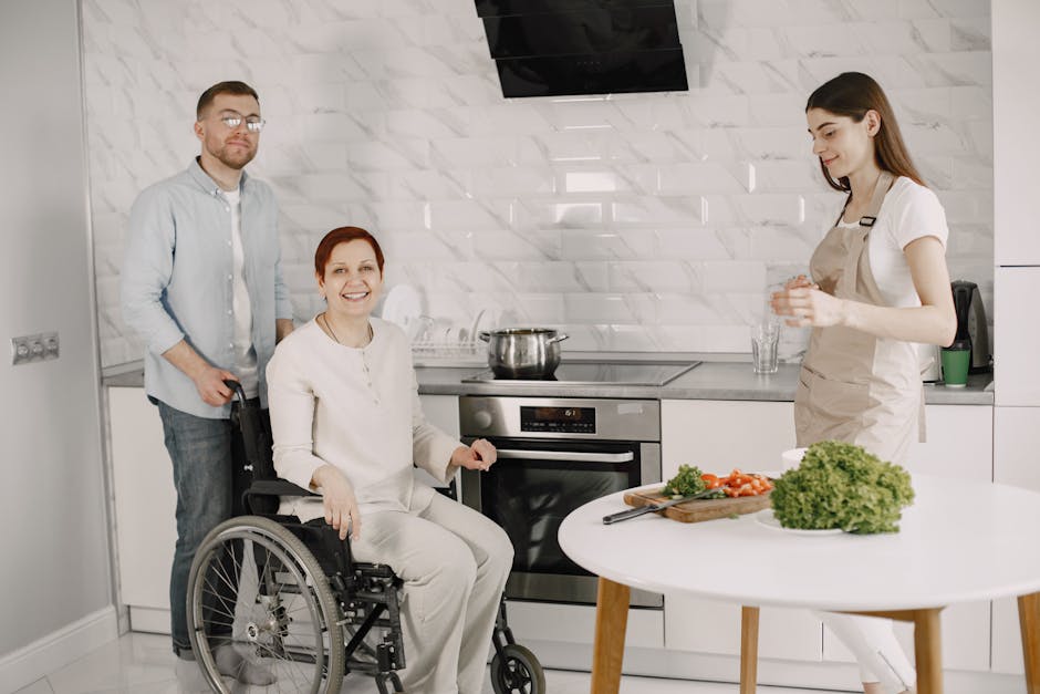 Three adults enjoying family time preparing food in a bright kitchen.